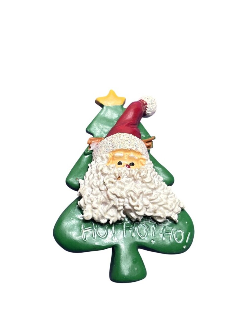 Vtg Handmade Wooden Christmas Tree Santa Claus Brooch Pin Ho! Ho! Ho! 2 inches